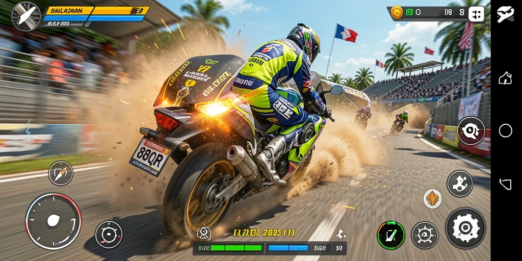 Screenshot gameplay 8QR menampilkan balapan motor yang mendebarkan.