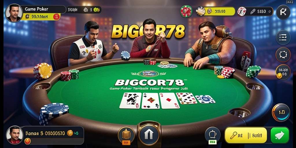 Tampilan gameplay menegangkan di BIGCOR78 dengan pemain Poker yang kompetitif.
