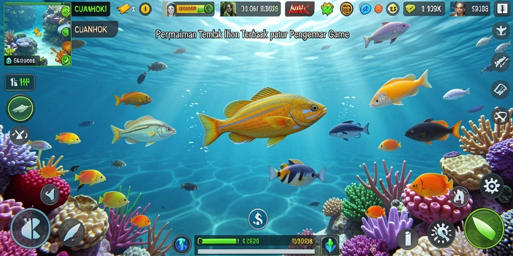 Tampilan gameplay CUANHOKI saat menembak ikan dengan senjata yang berbeda.