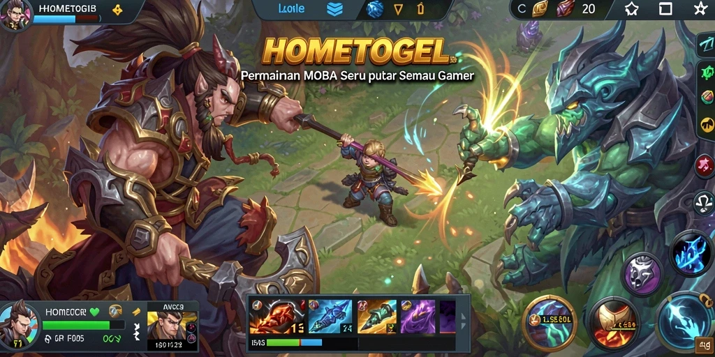 Screenshot HOMETOGEL menampilkan aksi seru gameplay MOBA.