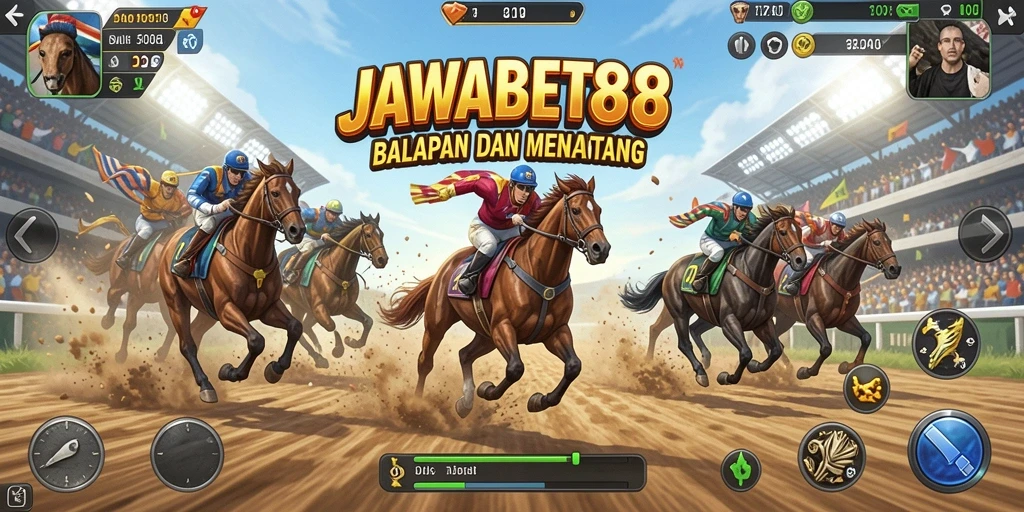 Tangkapan layar utama JAWABET88 menampilkan aksi balapan yang seru.