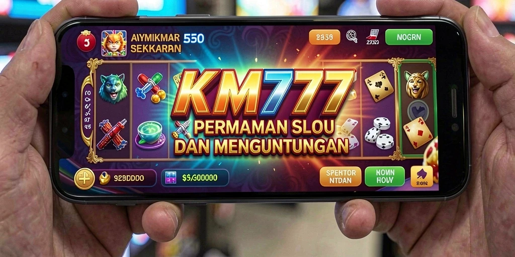 Screenshot gameplay utama KM777 menampilkan mesin slot dengan tema menarik.