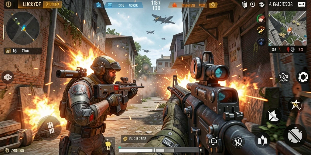 Tampilan gameplay menegangkan di LUCKYDF dengan aksi FPS yang intens.