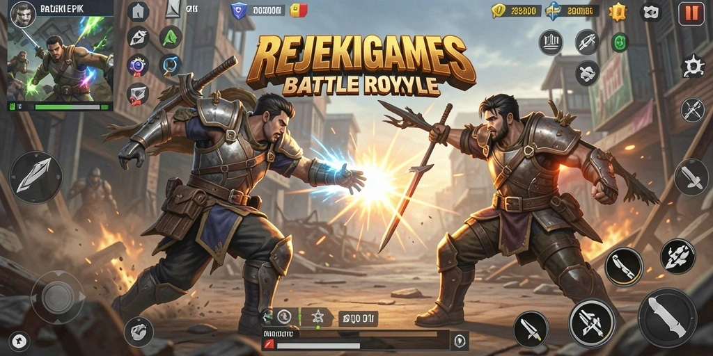 Tampilan gameplay seru di REJEKIGAMES dengan pertempuran Battle Royale.
